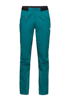 Teal utendørsbukser med svart midjebånd, glidelåslommer og nettingpaneler på sidene. Har en smal passform og forsterket søm for holdbarhet.