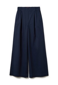 Pantalons larges bleu marine avec un design plissé, une taille élastique et un tissu lisse. Présente un look épuré et ajusté sans quincaillerie visible.
