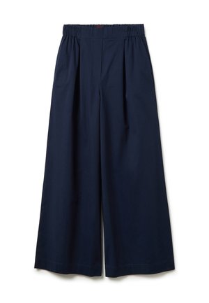 Pantalons larges bleu marine avec un design plissé, une taille élastique et un tissu lisse. Présente un look épuré et ajusté sans quincaillerie visible.
