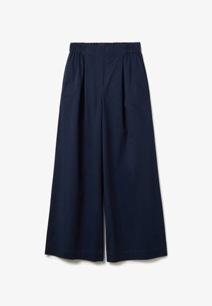 Navy wide-legged trousers with a pleated design, elastic waistband, and smooth fabric. Features a clean, tailored look with no visible hardware.