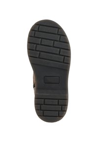 Semelle noire en caoutchouc avec un motif de semelle texturé et des rainures pour la traction. Comprend une indentation rectangulaire et un léger rehaussement du talon.