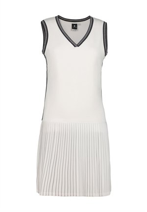 Robe blanche sans manches avec un décolleté en V, dotée d'une jupe plissée et d'un contraste noir le long de l'encolure et des emmanchures.