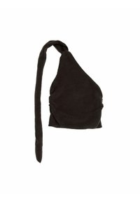 Zwart één-schoudertop gemaakt van zachte stof. Heeft een geknoopte band en een geplooide zijkant voor een getailleerde silhouet. Gladde textuur.