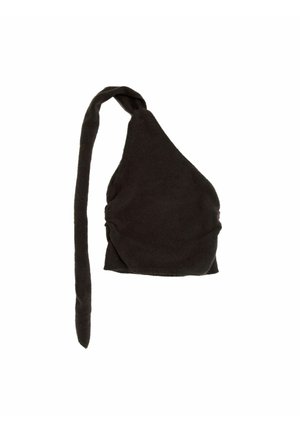 Schwarzes Top mit einem Schulterträger aus weichem Stoff. Verfügt über einen geknoteten Träger und geraffte Seite für eine taillierte Silhouette. Glatte Textur.