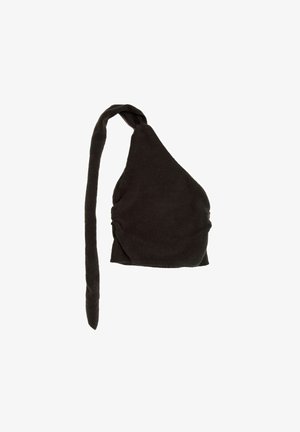 Schwarzes Top mit einem Schulterträger aus weichem Stoff. Verfügt über einen geknoteten Träger und geraffte Seite für eine taillierte Silhouette. Glatte Textur.