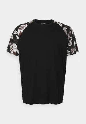 Black T-shirt featuring short sleeves with a patterned design of leaves in white and brown on the shoulders and sides. Soft material.