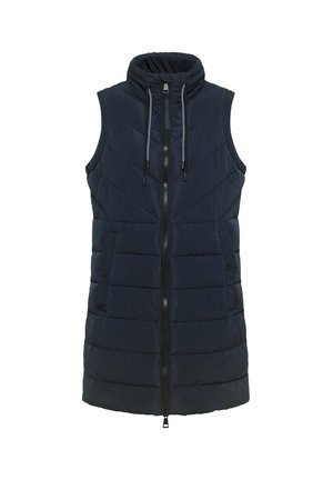 Mouwloze marineblauwe puffer vest met een staande kraag, voorritssluiting en twee zijzakken. Bevat horizontale en diagonale quiltpatronen.
