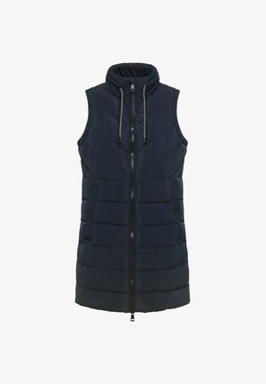 Ærmeløs navy puffer vest med stående krave, frontlynlås og to sidelommer. Har horisontale og diagonale quiltede mønstre.