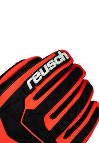 Reusch Torwarthandschuh mit einem Design in Schwarz und leuchtendem Rot, strukturiertem Griff und auffälligem Logo. Langlebiges Material mit gepolsterten Fingern.