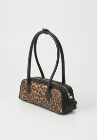 Leopard print handbag with a black leather base, dual handles, and gold-tone zipper. Rectangular shape, smooth texture, and sleek design.