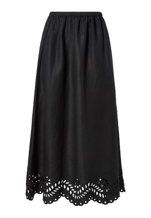Μαύρη midi φούστα με ελαστική μέση και κυματιστό τελείωμα, διακοσμημένη με κεντήματα λουλουδιών σε σκάλιστο σχέδιο και σχέδια φύλλων.