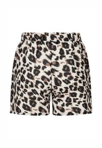 Pantaloni corti con stampa leopardata, dotati di una vita elastica, caratterizzati da una trama di tessuto liscia e una palette di colori che include beige, marrone e nero.