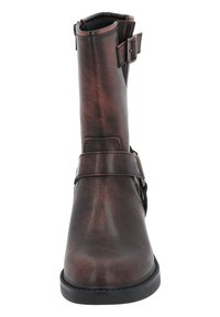 Ruske faux kengät nilkkureilla, jotka ovat sileäpintaiset, pyöreäpäiset ja joissa on solkiyksityiskohta sivussa. Vankka musta kumipohja.