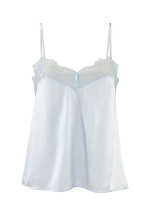 Light blue camisole made of soft fabric, featuring lace trim along the neckline and adjustable spaghetti straps. Button detail at front.