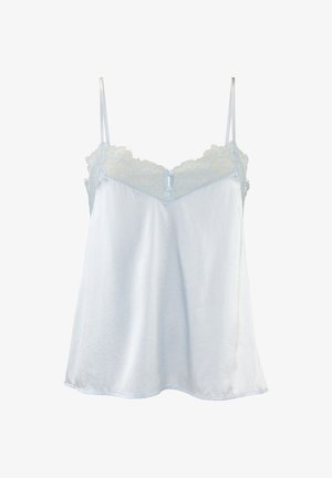 Light blue camisole made of soft fabric, featuring lace trim along the neckline and adjustable spaghetti straps. Button detail at front.