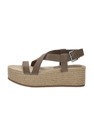 Brown suede platform sandal with woven jute sole, crisscross straps, and adjustable buckle closure on a white background.