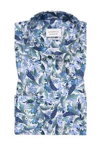 Camicia a fiori con una vestibilità moderna, realizzata in cotone leggero con motivi botanici blu e verdi, colletto a punta e taschino singolo.