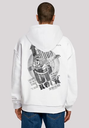 White hoodie with a large graphic print on the back featuring Bugs Bunny playing guitar, text in various fonts and sizes, including "1,000 ROCK."