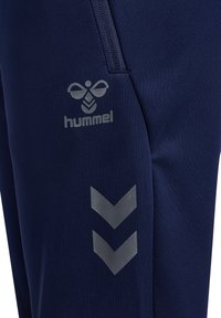 Marinblå atletiska byxor i en slät tygkvalitet med silverfärgad logotyp och chevron-accenter på sidan. Har en ficka med dragkedja för bekvämlighet.