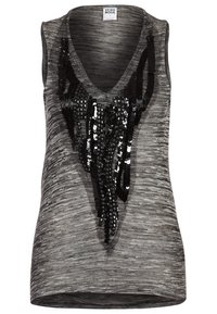 Szara bezrękawnik z dekoltem w serek, ozdobiona czarnymi cekinami w kaskadowym wzorze na przodzie. Miękka, teksturowana tkanina.