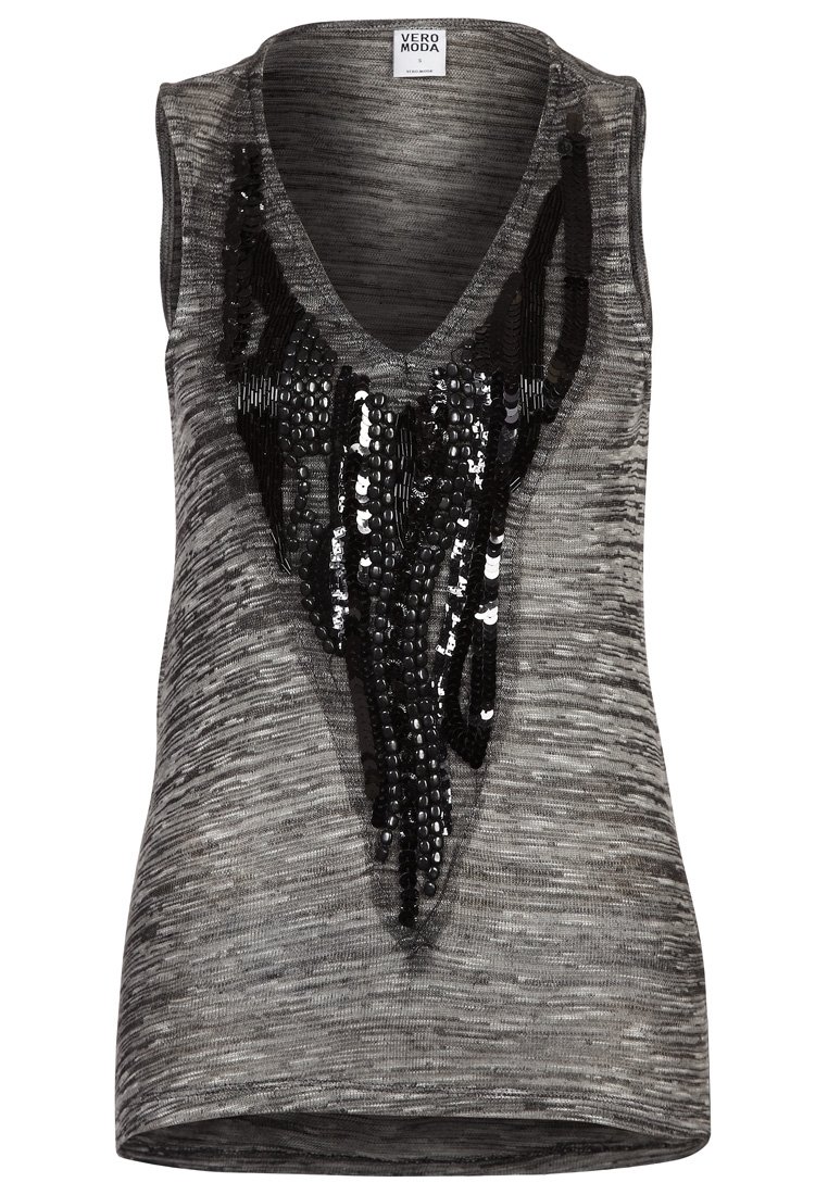 Szara bezrękawnik z dekoltem w serek, ozdobiona czarnymi cekinami w kaskadowym wzorze na przodzie. Miękka, teksturowana tkanina.