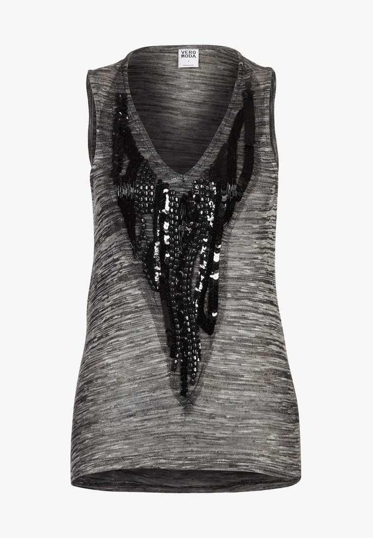Szara bezrękawnik z dekoltem w serek, ozdobiona czarnymi cekinami w kaskadowym wzorze na przodzie. Miękka, teksturowana tkanina.
