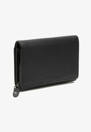 Zwarte leren portemonnee met een ritsvak, rechthoekige vorm, gladde textuur en subtiele branding aan de voorkant.