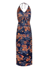 Marineblaues Halterkleid mit orange-grauem Blumenmuster, ausgestattet mit gerafftem Mittelpunkt und flatterndem Design, aus leichtem Stoff gefertigt.