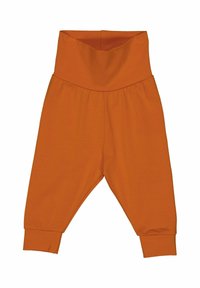 Pantalons en coton orange avec une taille haute, des poignets élastiques et une coupe décontractée. Texture lisse sans motifs ni accessoires visibles.