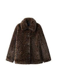 Cappotto in pelliccia sintetica marrone con motivo leopardato, dotato di ampio colletto, chiusura con bottoni e superficie testurizzata. Fit casual e rilassato.