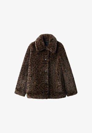 Brun faux fur frakke med leopardmønster, der har en bred krave, knaplukning og struktureret overflade. Casual, afslappet pasform.