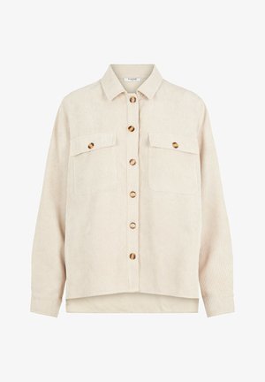 Giacca camicia in corda beige con chiusura a bottoni, due tasche sul petto e maniche lunghe. Presenta dettagli con bottoni in legno.