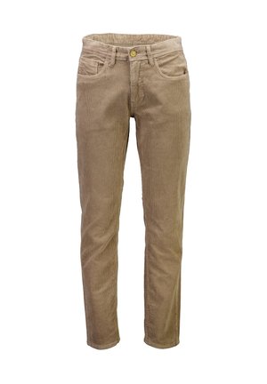 Beige corduroy pants with button and zipper closure, front and back pockets, and straight-leg fit.