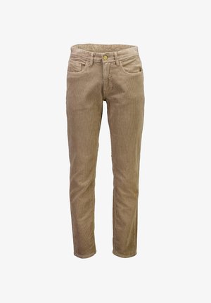 Beige corduroy-housut, joissa on nappi- ja vetoketjusuljenta, etu- ja takataskut sekä suora lahje.