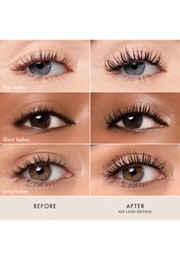 Vier Nahaufnahmen von Augen, die unterschiedliche Wimpernzustände zeigen: dünne, kurze und lange Wimpern, mit Beschriftungen über jedem Auge. Klare, natürliche Erscheinung.