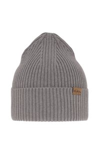 Light gray rib-knit beanie with folded cuff and small brown patch labeled "Nature" on cuff against white background.