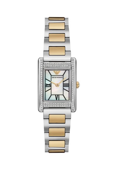 Orologio da polso rettangolare bicolore in argento e oro con accenti di cristallo, quadrante in madreperla, numeri romani neri e lancette dorate di Emporio Armani.