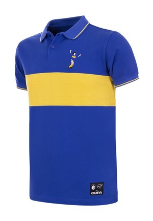 Blauw en geel gestreept polo shirt met korte mouwen. Bevat een kraag, geborduurd ontwerp en een merklabel aan de onderrand.