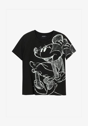 T-shirt en coton noir avec un dessin de style craie blanc représentant un personnage aux grands traits et aux détails expressifs. Manches courtes, col rond.