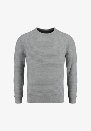Hellgrauer gestrickter Pullover mit einem strukturierten horizontalen Streifenmuster, Rundhalsausschnitt und gerippten Bündchen sowie Saum. Reguläre Passform.