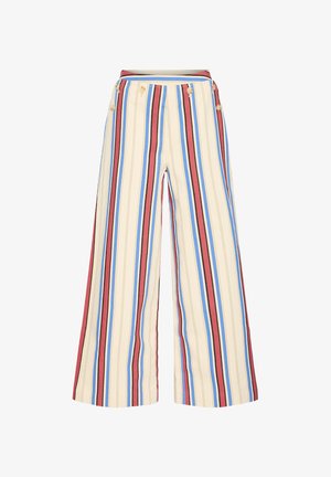 Pantaloni a gamba larga con righe verticali in crema, rosso, blu e nero, con bottoni laterali in vita e vita alta.