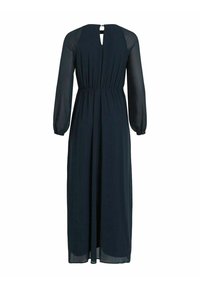 Longue robe noire avec manches longues transparentes, taille froncée et petite ouverture dans le dos avec fermeture par bouton.
