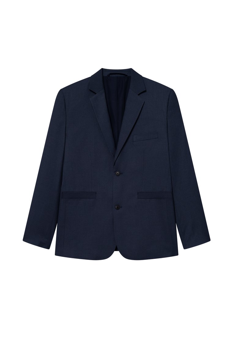 Ναυτικό μπλε σακάκι με πέτο, δύο μπροστινές τσέπες, κλείσιμο με ένα κουμπί και ομαλή υφή υφάσματος με κανονική εφαρμογή.
