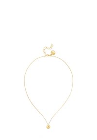 Collana d'oro con una catena sottile, dotata di un piccolo pendente rotondo con un design a pois e un gancio con un'estensione regolabile.