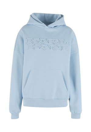 Jasnoniebieska bluza z kapturem wykonana z miękkiej mieszanki bawełny, z przednią kieszenią kangurką i wypukłym haftem logo na piersi. Ściągacze na mankietach i u dołu.