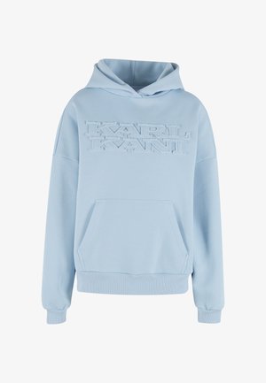 Jasnoniebieska bluza z kapturem wykonana z miękkiej mieszanki bawełny, z przednią kieszenią kangurką i wypukłym haftem logo na piersi. Ściągacze na mankietach i u dołu.