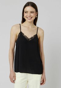 Débardeur noir avec décolleté en V, orné de dentelle sur les bords. Tissu léger, bretelles fines et réglables, et coupe décontractée.