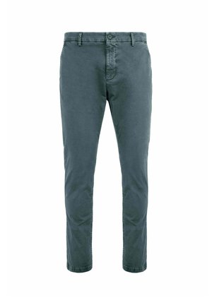Ciemnoszare męskie spodnie casual slim fit z szlufkami na pasek, przednim guzikiem, zamkiem błyskawicznym i bocznymi kieszeniami, przedstawione na białym tle.