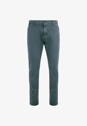 Donkergrijze heren slim-fit casual broek met riemlussen, voorste knoop, ritssluiting en zijzakken, afgebeeld tegen een witte achtergrond.