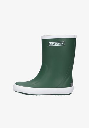 Botte de pluie en caoutchouc verte avec semelle et bordure blanches, arborant le logo Bergstein sur le côté supérieur.